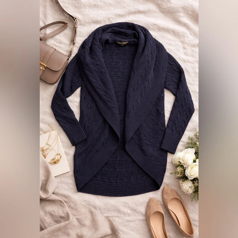 RALPH LAUREN BLACK LABEL 100% Cashmere Cocoon Cardigan Navy Cable Knit Luxury L